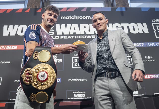 Leigh Wood, left, will defend his WBA featherweight title against Josh Warrington in October (Danny Lawson/PA)