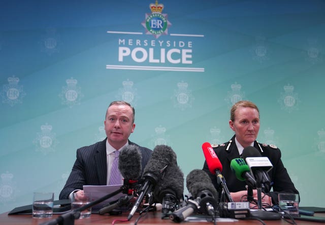 Head of Counter Terrorism Policing North West Russ Jackson and Merseyside Police Chief Constable Serena Kennedy during a press conference at Merseyside Police Headquarters in Liverpool after an explosion at the Liverpool Women’s Hospital killed one person and injured another on Sunday.
