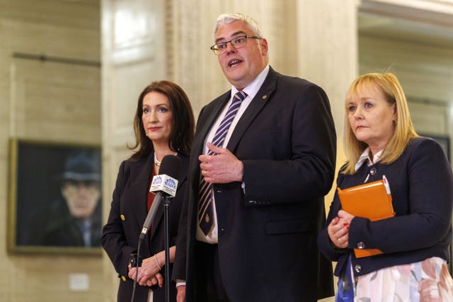 Deputy First Minister Emma Little-Pengelly, DUP leader Gavin Robinson and DUP deputy leader Michelle McIlveen during a press conference at Stormont 