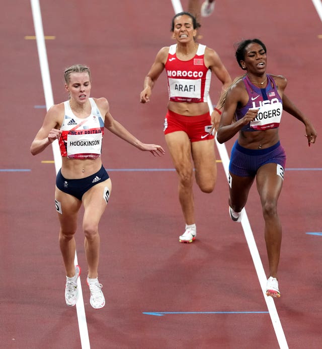 Great Britain’s Keely Hodgkinson (left) in action during the third semi final of the Women’s 800 metres at the Olympic Stadium in Tokyo
