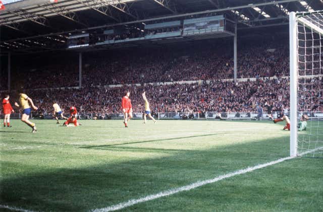 Charlie George, third left, celebrates his extra-time winner against Liverpool in 1971, which clinched Arsenal the double