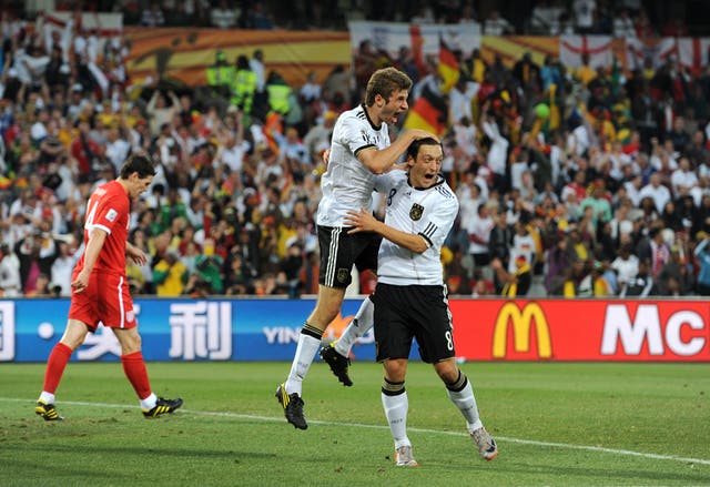 Thomas Muller celebrates scoring against England at the 2010 World Cup