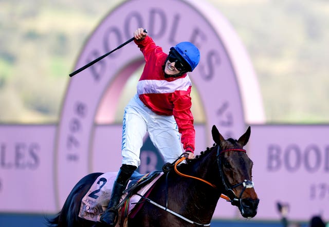 Rachael Blackmore celebrates on A Plus Tard after winning the 2022 Cheltenham Gold Cup 