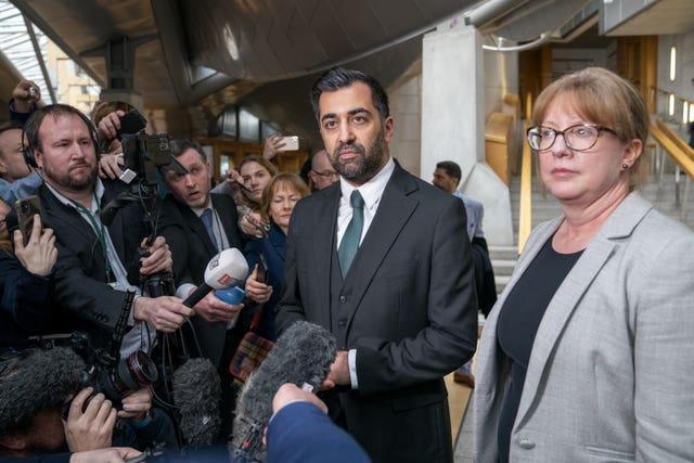 Humza Yousaf and Shona Robison speaking to the media
