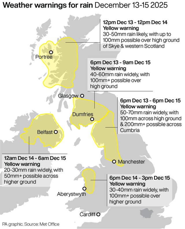 Map of UK showing weather warning areas in yellow