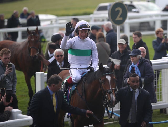 Frankie Dettori celebrates on Epictetus after winning the Weatherbys Digital Solutions Blue Riband Trial at Epsom