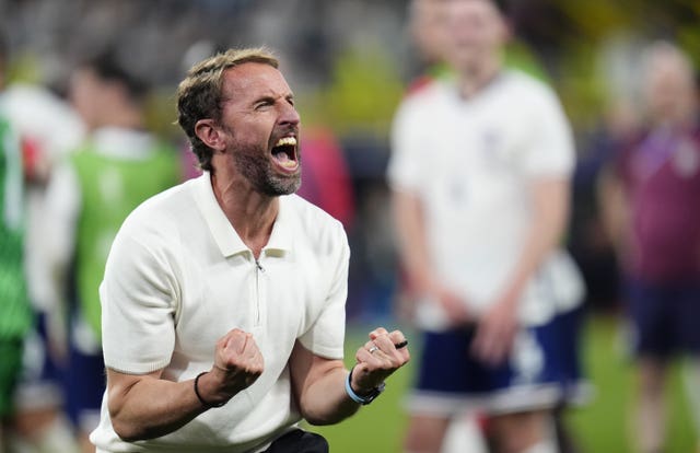 England manager Gareth Southgate celebrates after victory over the Netherlands at Euro 2024