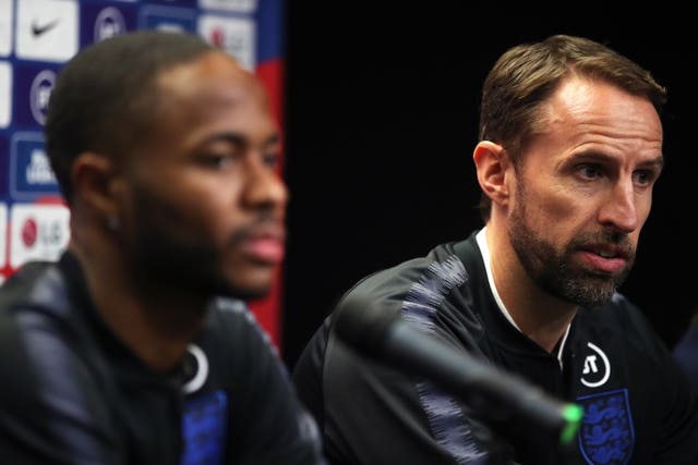 England manager Gareth Southgate (right) and Raheem Sterling speak to the media ahead of Friday's match in Prague