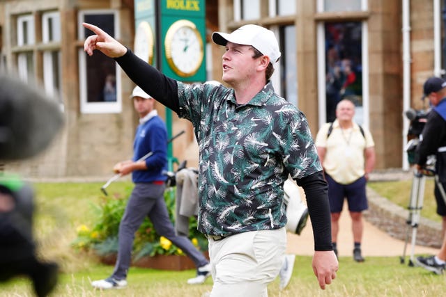 Scotland’s Robert MacIntyre points to the crowd after completing his third round at the Open at Royal Troon