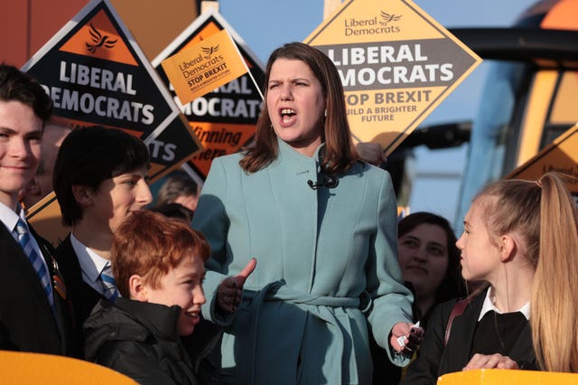 Liberal Democrat leader Jo Swinson at a rally at Esher Rugby Club in Hersham, Surrey,on the final day of campaigning 