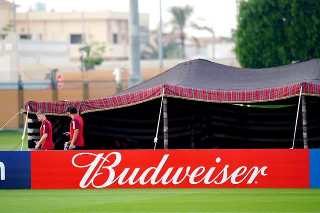 A Budweiser advertising board at Wales' training facility in Qatar