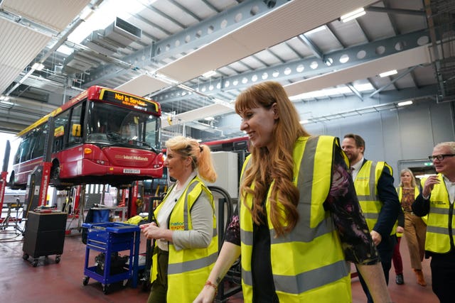 Shadow transport secretary Louise Haigh and deputy party leader Angela Rayner during a visit to Perry Barr bus depot in Birmingham