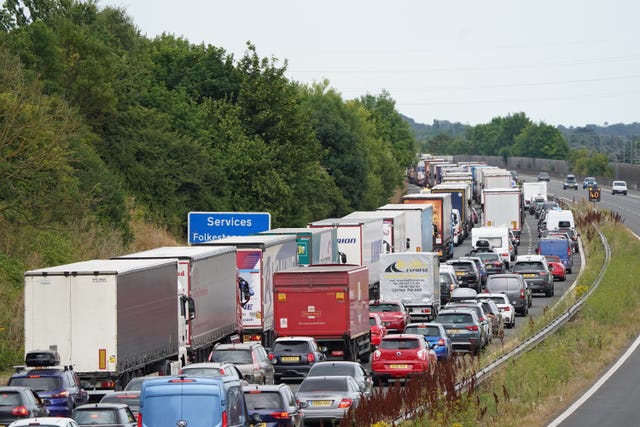 Traffic queuing on the M20 near Folkestone in Kent on Friday