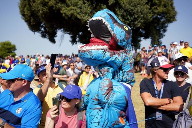 A spectator dressed as a T-Rex