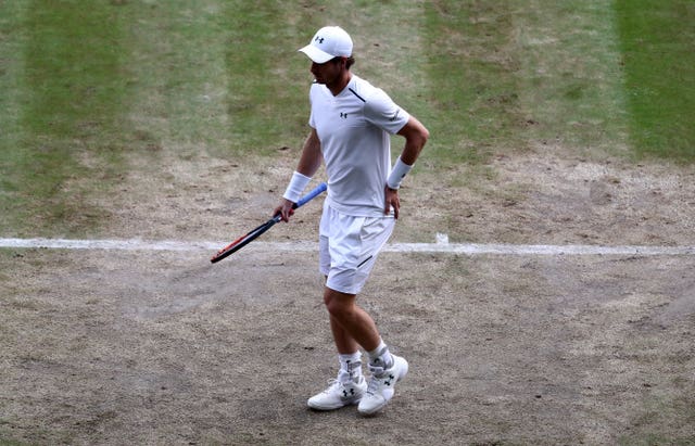 Murray holds his hip during his Wimbledon loss to Sam Querrey