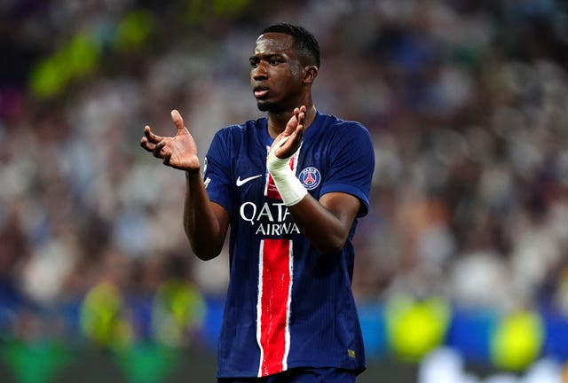 Paris Saint Germain’s Willian Pacho during the Champions League final against Inter Milan
