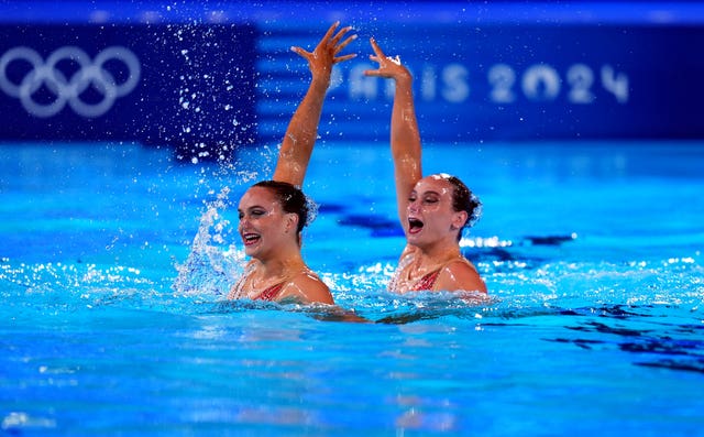 Kate Shortman and Izzy Thorpe perform their free routine in artistic swimming at the Paris Olympics