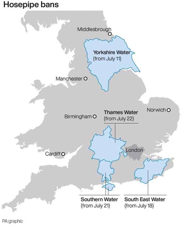 Map showing the parts of England where there are hosepipe bans