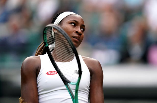 Coco Gauff looks frustrated during her Wimbledon loss to Sofia Kenin