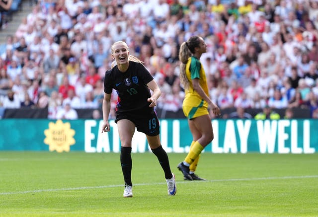 Aggie Beever-Jones celebrates scoring England’s sixth goal