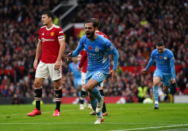 Bernardo Silva celebrates scoring in City's win at Old Trafford in November