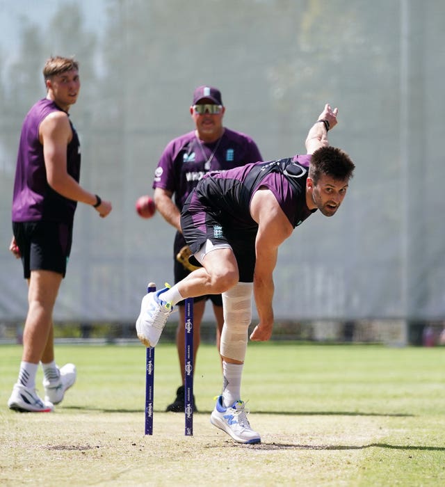 England bowler Mark Wood delivers a ball in the nets at Perth.