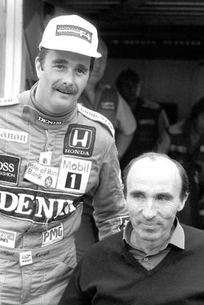 Driver Nigel Mansell (left) at Brands Hatch with his Williams F1 team boss Frank Williams, who was paralysed in a car crash