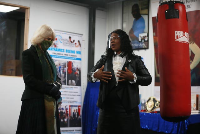 The Duchess of Cornwall with Pastor Lorraine Jones during her visit to the Dwaynamics boxing gym in Brixton, south London 