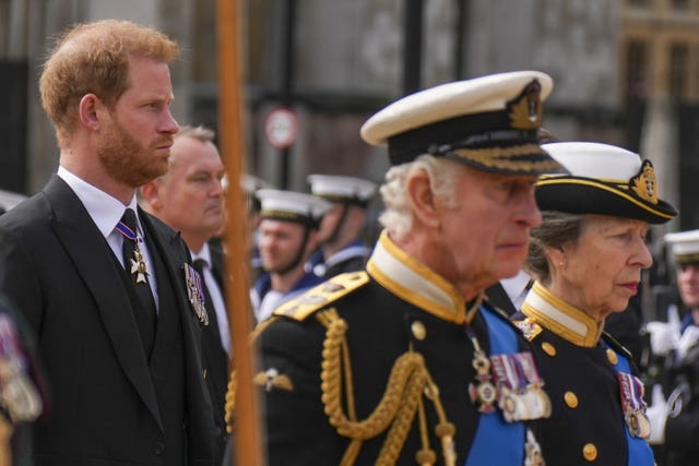 The King, the Princess Royal and the Duke of Sussex on the day of Queen Elizabeth II's funeral