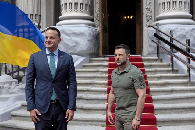 Volodymyr Zelensky (right) welcomes Taoiseach Leo Varadkar to Kyiv 