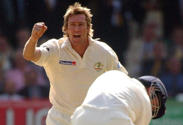 Glenn McGrath celebrates the wicket of England captain Michael Vaughan, bottom right, at Lord's in 2005