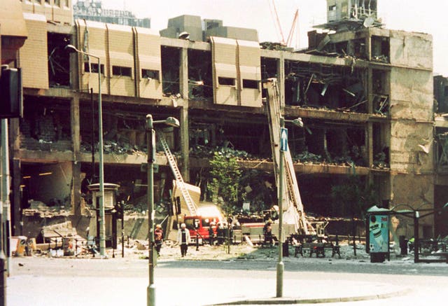 Bomb damage to the Arndale centre in Manchester city centre 