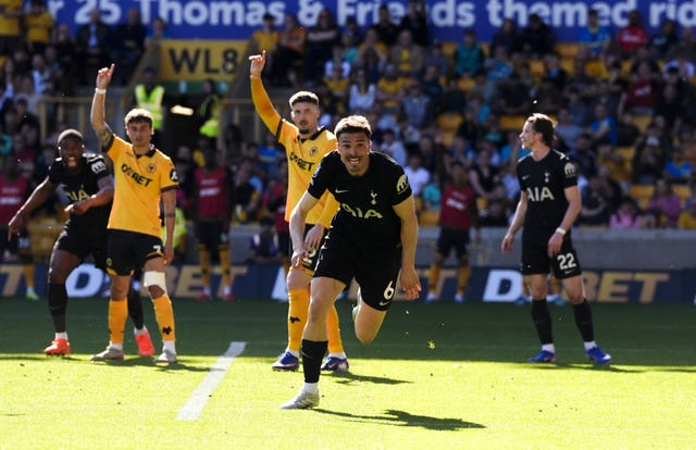 Tottenham's Joao Palhinha celebrates scoring at Wolves