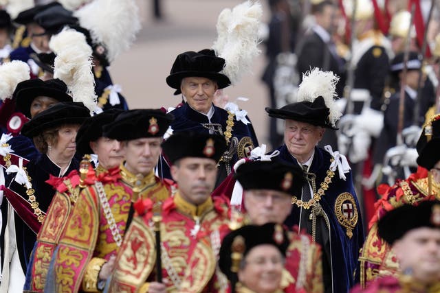 Former prime minister Tony Blair (centre) and Lord Patten (centre-right) attend the annual Order of the Garter Service (Kirsty Wigglesworth/PA)
