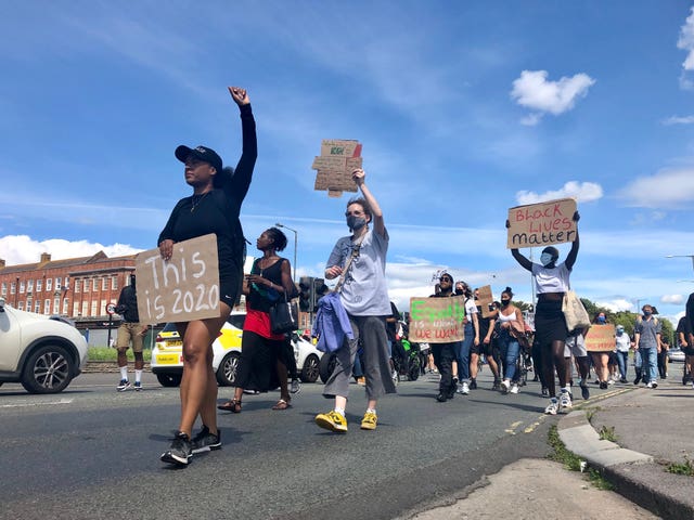 Protesters marched down Monks Park Avenue in Bristol 