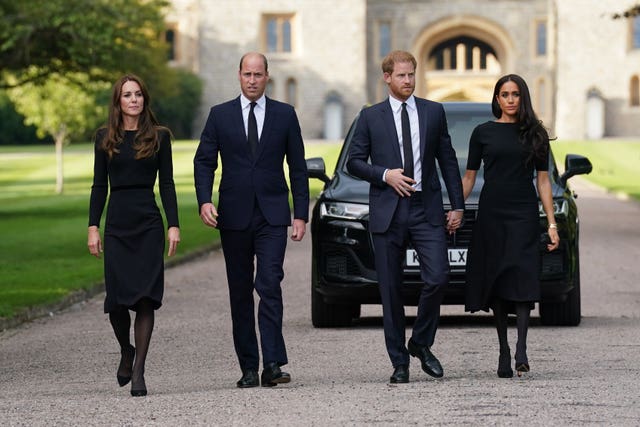 File photo dated 10/09/22 – The Princess of Wales, the Prince of Wales and the Duke and Duchess of Sussex walk to meet members of the public at Windsor Castle in Berkshire following the death of Queen Elizabeth II 