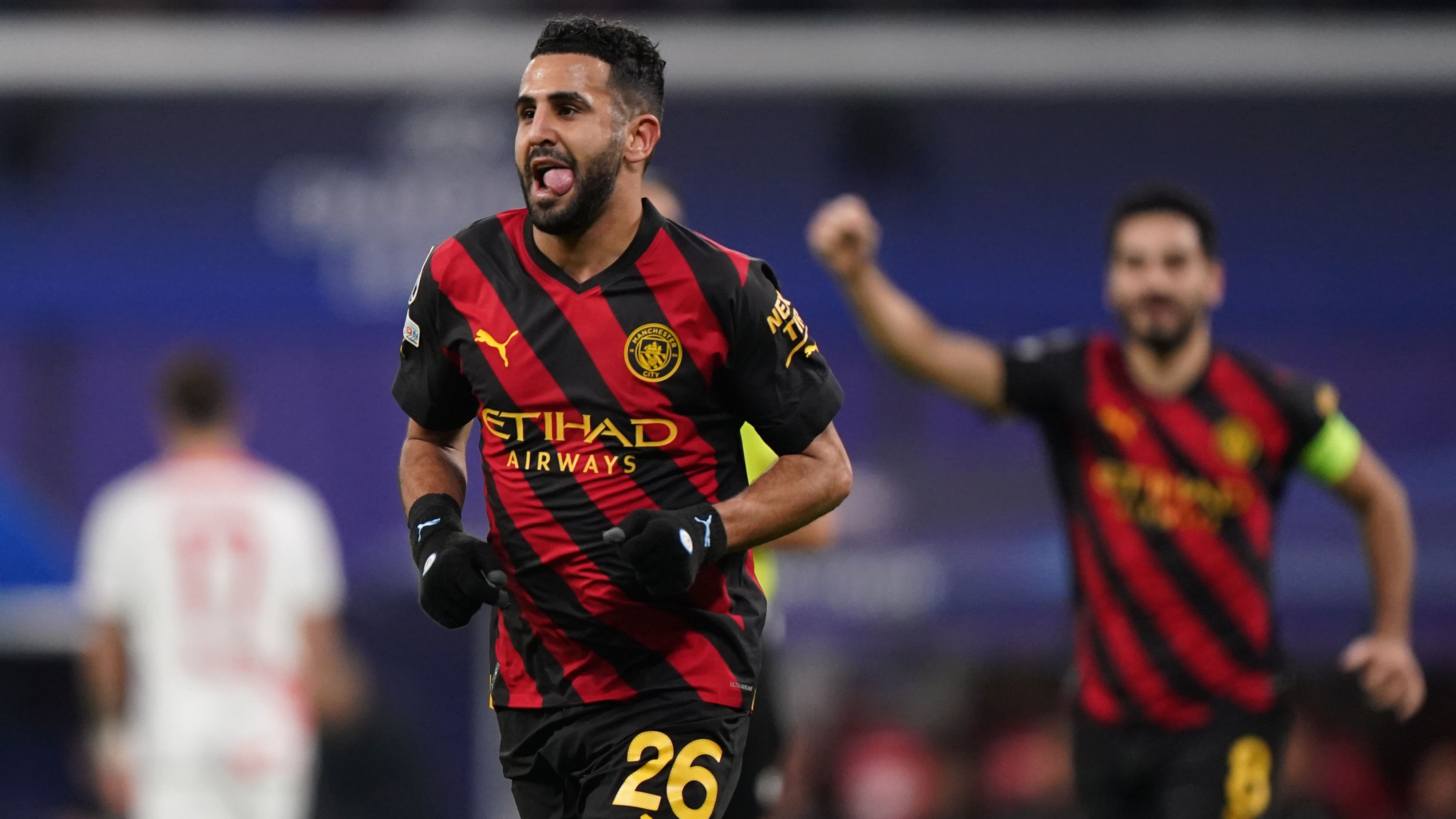 Manchester City’s Riyad Mahrez celebrates scoring in his side’s 1-1 Champions League draw at RB Leipzig (Tim Goode/PA)