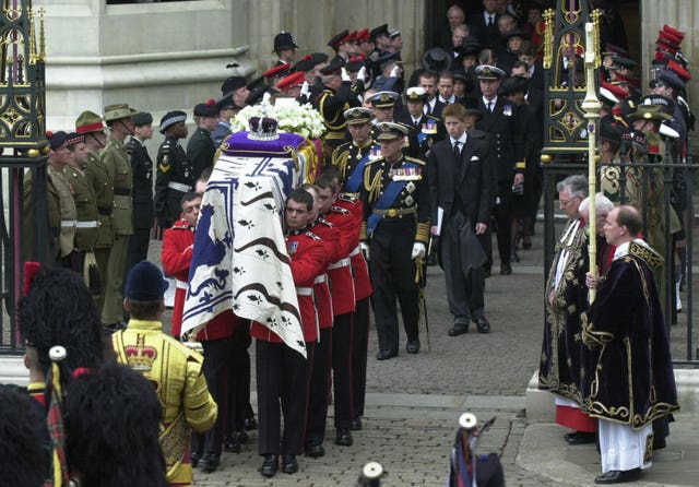 The Queen Mother’s coffin being carried from Westminster Abbey