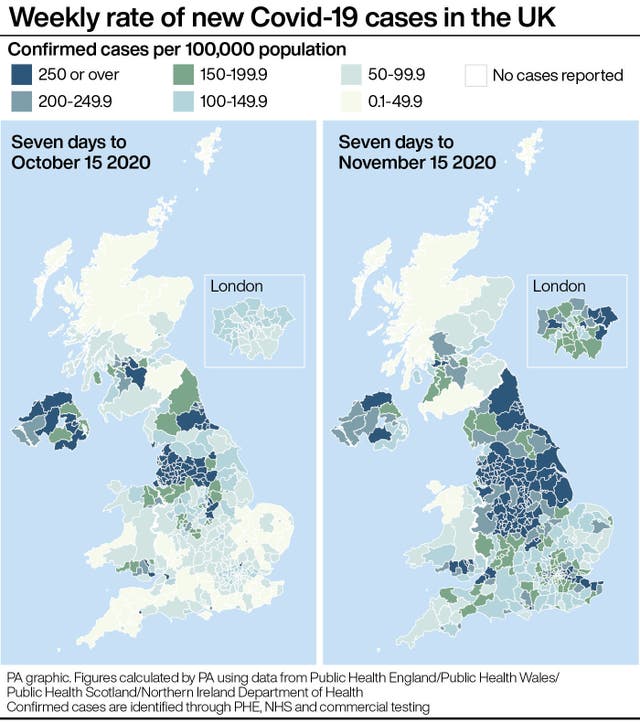 PA infographic showing weekly rate of new Covid-19 cases in the UK