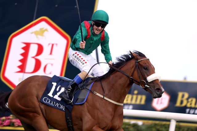 Chris Hayes celebrates winning the Coolmore America “Justify” Matron Stakes with Tahiyra