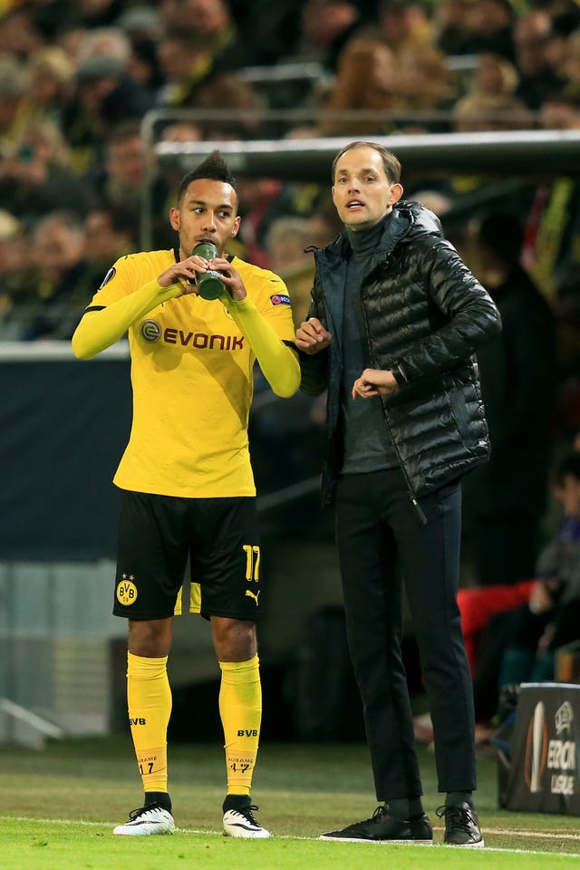 Pierre-Emerick Aubameyang, left, with manager Thomas Tuchel at Borussia Dortmund
