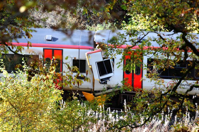 The scene after a collision involving two trains near Llanbrynmair