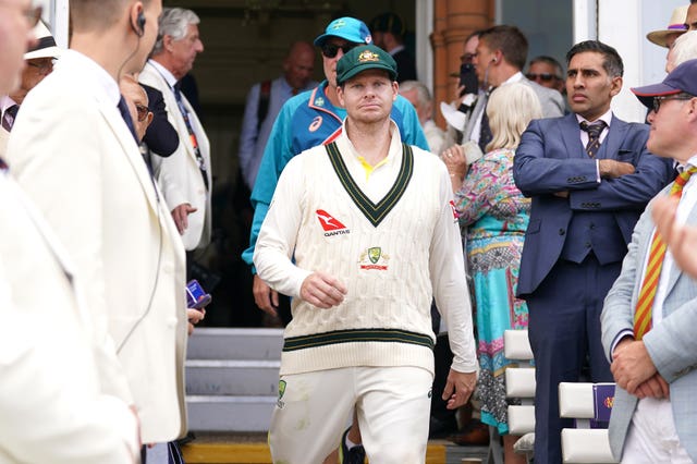 Steve Smith walks down the pavilion steps following victory in the second Ashes Test at Lord's