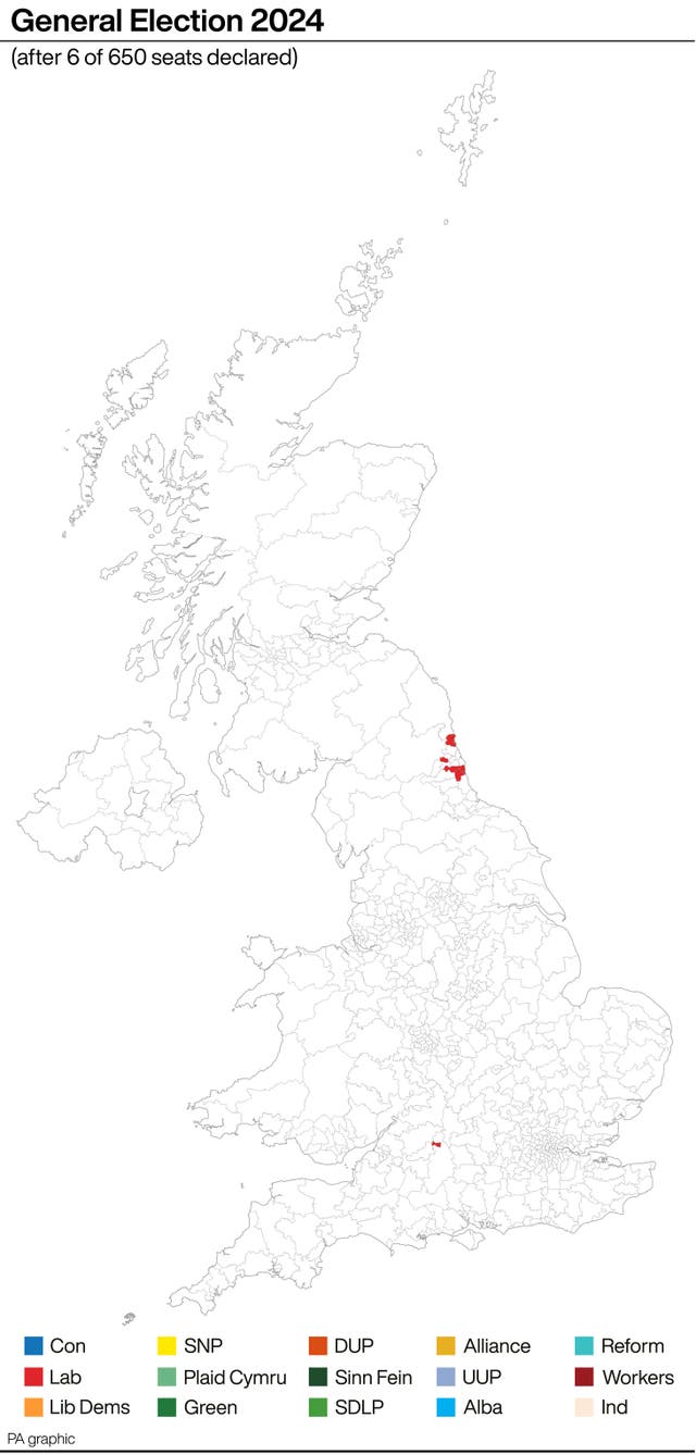 A map showing seats which have declared results