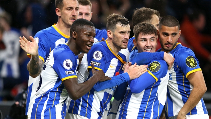 Brighton and Hove Albion’s Pascal Gross (centre) celebrates scoring their side’s third goal of the game with team-mates during the Premier League match at Molineux, Wolverhampton. Picture date: Saturday November 5, 2022.