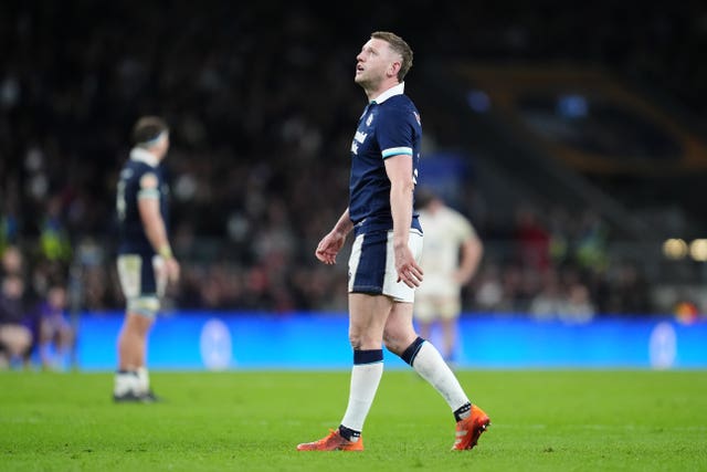 Scotland’s Finn Russell reacts after missing a conversion during the 2025 Six Nations match against England at the Allianz Stadium