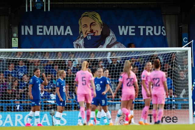 A banner is displayed for Chelsea manager Emma Hayes reading 'In Emma we trust'