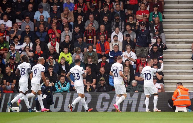 James Maddison celebrates scoring Tottenham''s first