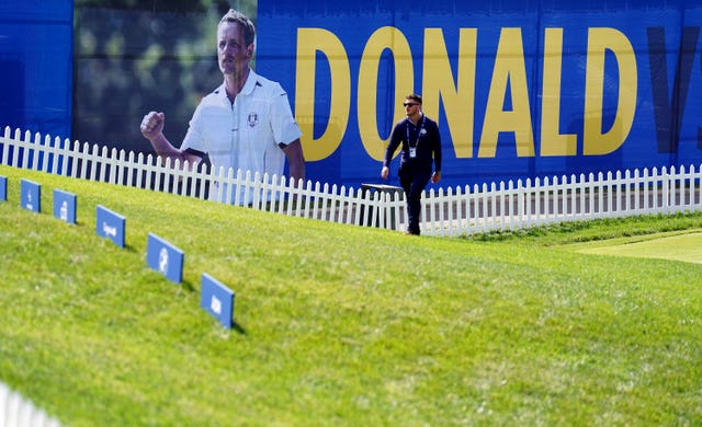 A general view of signage featuring Europe's Ryder Cup captain Luke Donald 