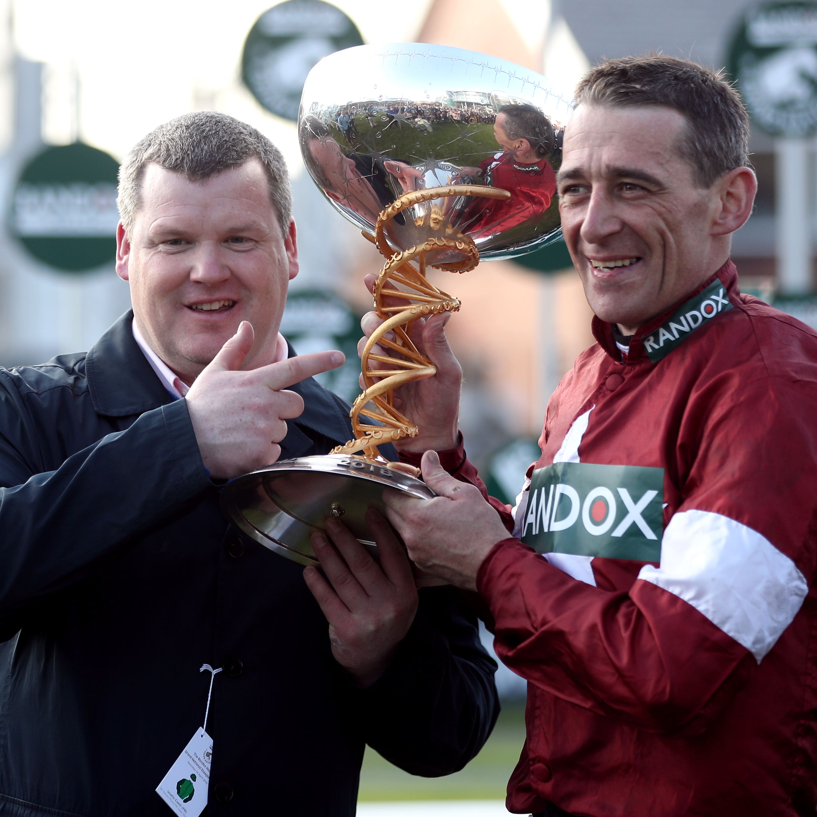 .Gordon Elliott, left, and Davy Russell, right, who teamed up to take the BoyleSports Grand National Trial Handicap Chase with Dounikos (David Davies/PA)